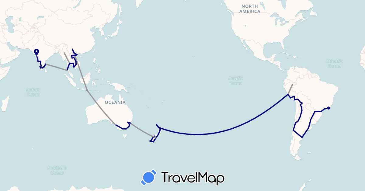 TravelMap itinerary: driving, plane in Argentina, Australia, Bolivia, Brazil, Chile, China, Indonesia, India, Cambodia, Laos, Myanmar (Burma), New Zealand, Peru, Thailand, Vietnam (Asia, Oceania, South America)